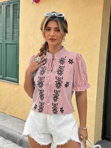 Flirla Plus Size Women Vacation Striped Embroidery V-Neck Tie Front Shirt - Pink - View 3