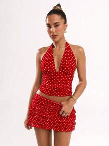 SHEIN BAE Chân váy xếp tầng in họa tiết chấm bi đơn giản cho nữ - Đỏ - Xem 5