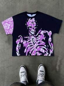 Manfinity Roghcode Men Halloween Skull Graphic Round Neck Short Sleeve T-Shirt, Suitable For Summer - Black - View 3