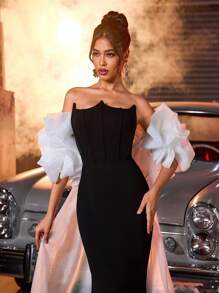 Glamrae Váy dạ hội dài chấm gót xếp nếp 3D phóng đại màu đen thanh lịch, cổ áo bất đối xứng, bó sát, đuôi cá (Bộ 2 mảnh có thể tháo rời) trang phục dự tiệc trang trọng, dành cho khách dự tiệc cưới - Đen và trắng - Xem 4