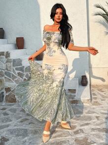 DAZY Abito aderente in raso con spalle scoperte a sirena, outfit da vacanza per donna - Verde - Visualizzare 3