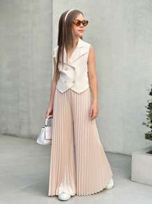 SHEIN Nova Glow Tween Girls' Urban School Style V-Neck Sleeveless Vest Top And Wide Leg Pleated Long Pants Set