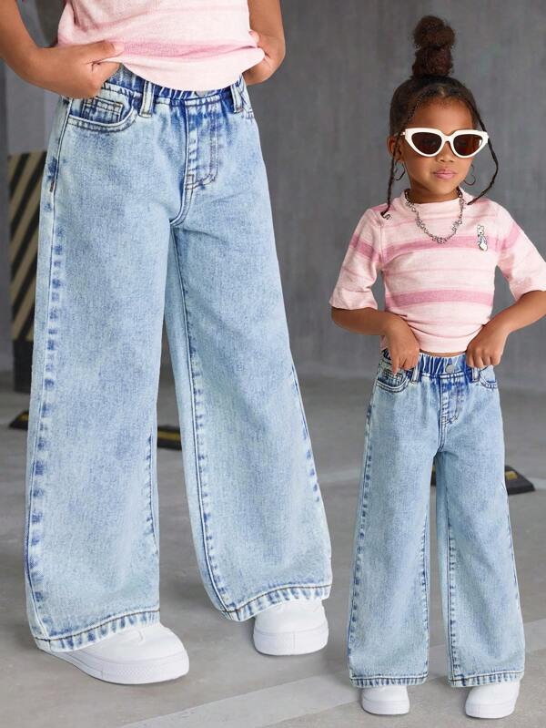 Jeans décontractés en denim à jambe droite pour filles, coupe polyvalente, effet délavé