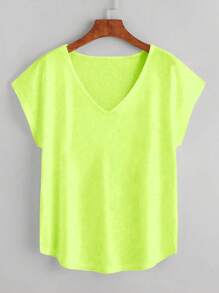 SHEIN LUNE 女士荧光绿V领休闲百搭短袖T恤 - 綠色 - 查看 1