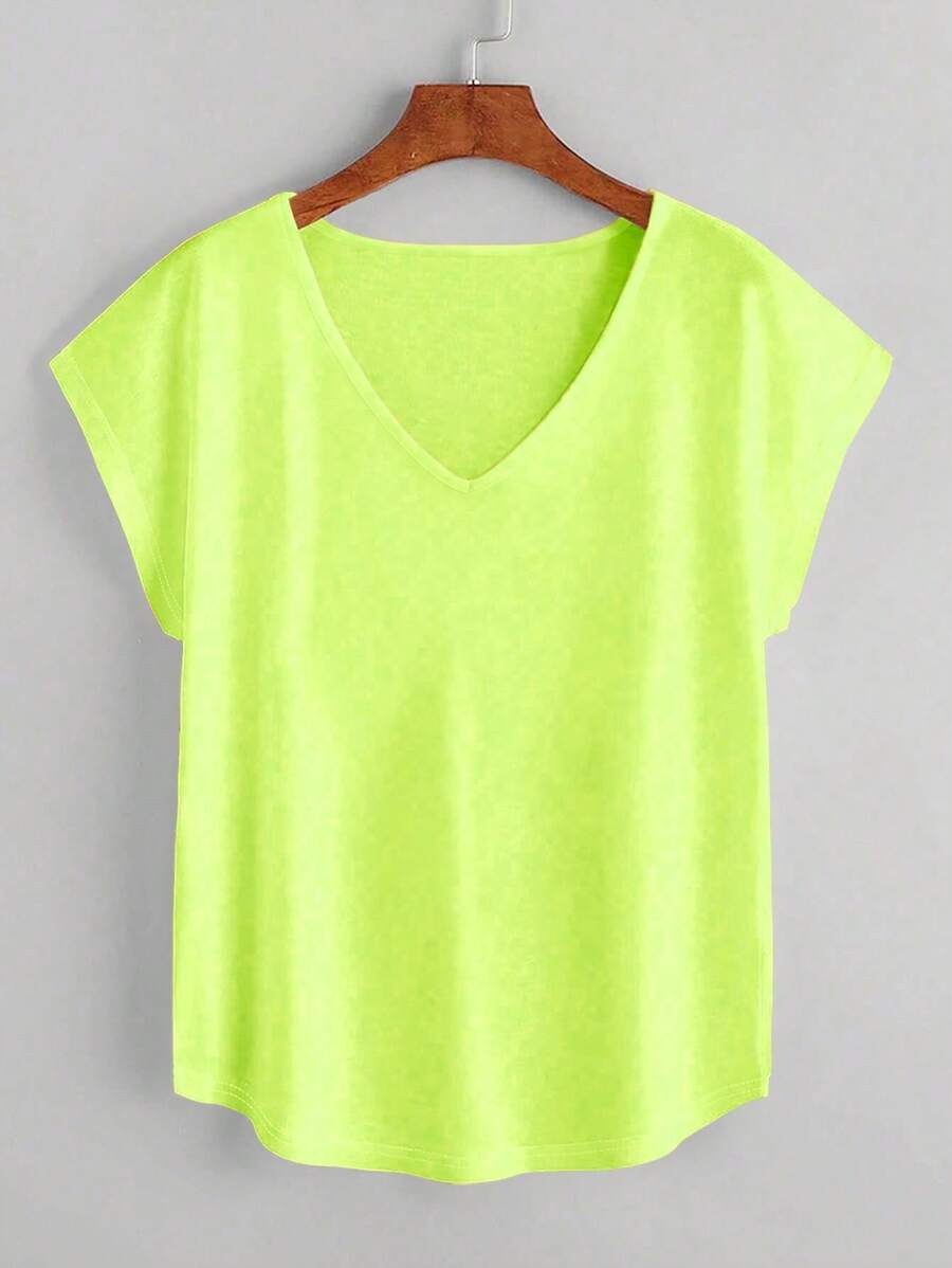 SHEIN LUNE 女士荧光绿V领休闲百搭短袖T恤 - 綠色 - 查看 1