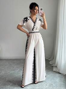 Elenzga Women's Deep V-Neck Floral Print Waist Gathered Wide Leg Jumpsuit For Summer Holiday - Apricot - View 1