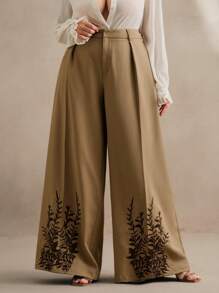 Anewsta Pantaloni eleganti con ricamo floreale per donne formose, adatti per pendolarismo, primavera/estate, ideali per festival, lauree, casual business, vacanze