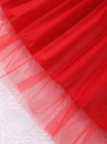 SHEIN 女童盖袖罗纹网眼圆领夏季公主百搭连衣裙（配腰带） - 紅色 - 查看 10