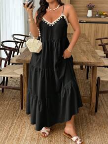 SHEIN Clasi Plus Size V-Neck Decor A-Line Dress, Minimalist & Fashionable, Suitable For Summer - Black - View 1