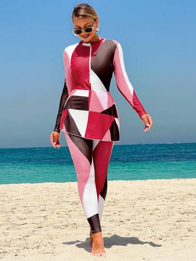 Swim Shayni Conjunto de traje de baño de una pieza elegante y conservador para señoras, con estampado aleatorio, cuello redondo y cremallera delantera, talla grande un traje de baño estampado