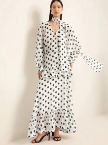 Aveloria Rosie Blusa con volantes y mangas acampanadas con lazo a lunares estilo clásico francés, combinada con falda de gasa de doble capa con volantes en el bajo, conjunto de 2 piezas para mujer de estilo elegante y de moda para primavera y otoño