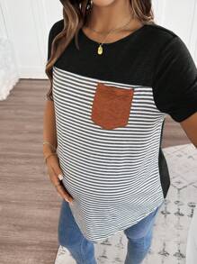 SHEIN Maternity Casual Striped Knitted T-Shirt With Pocket: Comfortable And Stylish Semi-Sheer Top With Round Neck And Short Sleeves For Everyday Wear
