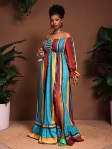 Slaydiva Robe de vacances grande taille, nouvelle arrivée. Convient pour le printemps et l'été. Polyvalente, décontractée, tout-aller, sexy. Imprimé rétro multicolore dégradé rayé. Sans manches, épaules dénudées, manches longues, taille cintrée, fente haute, volants à l'ourlet, coupe évasée ample. - Multicolore - Voir 5