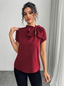 Rafferiza 女式休闲百搭纯色领带蝴蝶结喇叭袖衬衫，春夏 - 紅色 - 查看 4