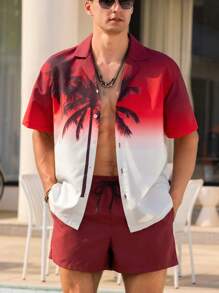 Manfinity Swimmode Men's Beach Set: Short Sleeve Shirt And Shorts, Fashion For Summer, Hawaiian - Burgundy - View 5