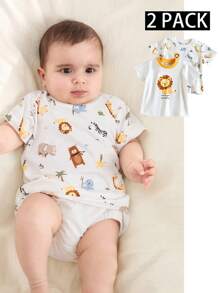 SHEIN 2pcs/Set Infant Baby/Newborn Unisex Ribbed Crew Neck White T-Shirt TOP, Cartoon Lion & Giraffe Animal Print, Cute Casual Versatile Comfortable, 0-3 Months,Spring/Summer New Arrival, Suitable For Outings, Vacation, And Birthday Party Baby Unisex Clothes - White - View 1
