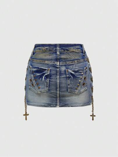 Hippie Plus Size Y2K Style Side Chain Cross Decor Retro Denim Mini Skirt