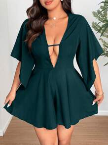 Breezaya Plus Size Solid Deep V Sexy Elegant Jumpsuit, Suitable For Summer - Dark Green - View 1