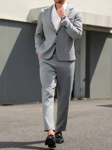 Manfinity Mode Plus Size Men's Solid Color Suit Jacket And Pants Set, Fashionable For Summer - Grey - View 4