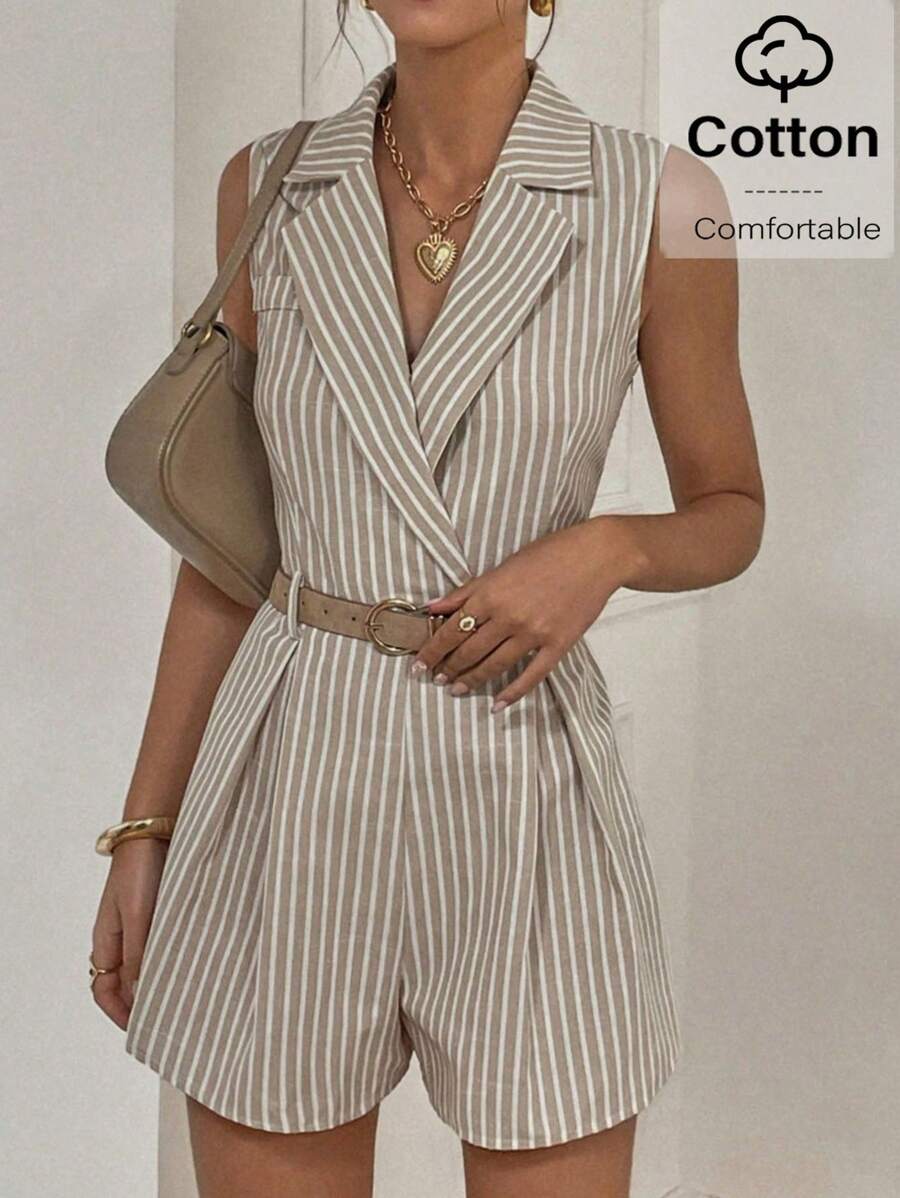 Siren Gaze Women's Elegant Striped Sleeveless Jumpsuit With Lapel Collar And Zipper Detail Summer Brown - Khaki - View 1