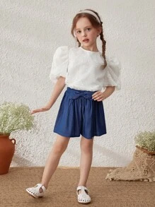 Blossori Set für Kleine Mädchen im Country-Stil mit Aprikosen-Oberteil mit Puffärmeln und Shorts in Jeansoptik - Verschiedenfarbig - Übersicht 6
