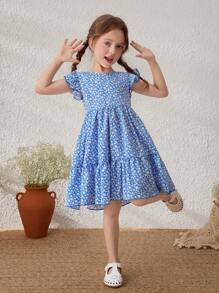 SHEIN Young Girls Blue Floral Print Ruffle Sleeve Round Neck Dress - Blue - View 5