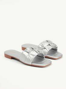 CUCCOO CHICEST 女士褶皱扭头设计平底凉鞋，优雅休闲简约独特个性化柔软轻质银色金属材质女士平底拖鞋沙滩度假通勤鞋 - 銀色 - 查看 11