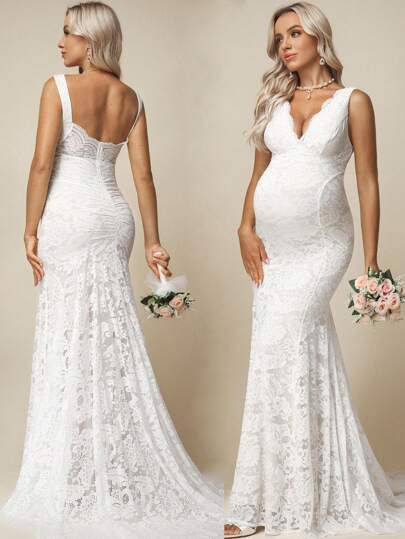 SHEIN White Maternity Dress Pregnant Women Elegant Solid Color Lace Trailing Wedding Dress