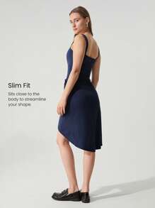 GLOWMODE Modal Chill Out Square Neck Slim Fit Midi Wrap Skirt Dress Daily Casual Wear Removable Cups - Dark Blue - View 2