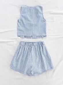 Soleia Conjunto de 2 piezas para vacaciones, compuesto por shorts sueltos con decoración de lazo y estampado de rayas azul y blanco en estilo fresco de macarrón, adecuado para uso casual en verano como graduaciones y bodas