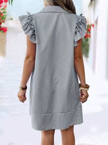 EMERY ROSE Plus Size Fashionable Spring/Summer Casual Striped Print Button Front Cap Sleeve Dress - Black and White - View 2