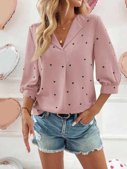 SHEIN LUNE Women V-Neck Turnover Collar 3/4 Lantern Sleeve Heart Print Casual Vacation Romantic Elegant Blouse