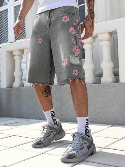 Street Life Bermudas vaqueras holgadas con bordados florales para hombre