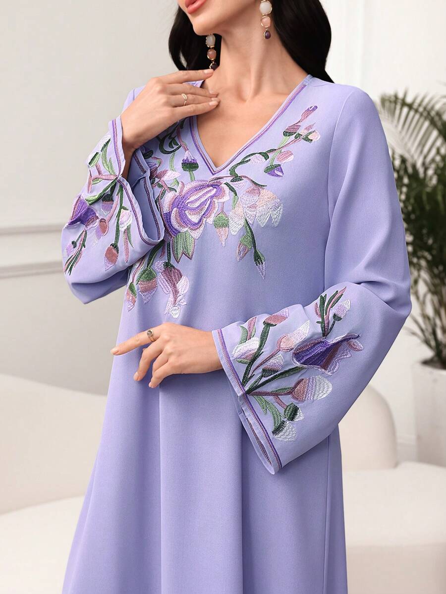 Al Najma 刺绣长袖休闲连衣裙，夏季时尚，端庄 - 紫色 - 查看 1
