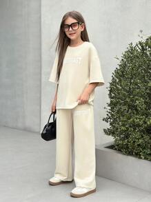 Firerie Kids Firerie Kids Nova Glow 2pcs Tween Girl Set: Casual Letter Print Loose Fit Crew Neck T-Shirt + Printed Pants - Beige - View 5