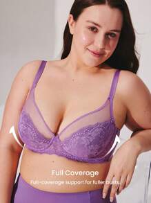 LUVLETTE Plus Soft Woman Lingerie Lounge Curve Sheer Full Coverage Support&Breathable Underwire Sexy Unlined Minimizer Lace Elegance & Mesh Purple Bra Bridal Intimates