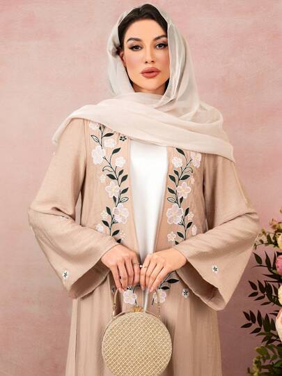 Veilorie Floral Embroidered Women's Abaya Summer Jacket,Robe,Modest