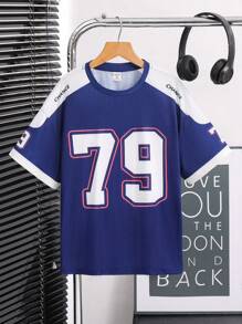 SHEIN 1 pieza Camiseta de manga corta y cuello redondo con estampado divertido casual para niño preadolescente, cómoda, de moda, versátil, suave, adecuada para primavera/verano, uso diario, juegos al aire libre, escuela, estilo callejero, fiesta, tiempo libre en casa