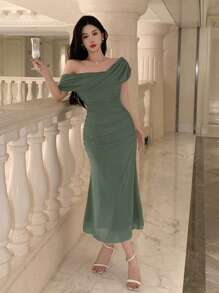 xheDAZY Vestido de mujer de unicolor elegante con cuello asimétrico y manga corta, adecuado para invitados de boda, verano, vestido de boda, vestido de graduación, vestido largoxhe - Verde Oliva - Ver 3