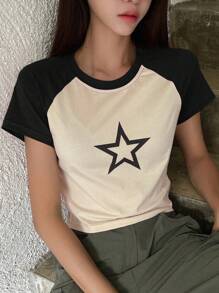 DAZY Áo thun tay ngắn họa tiết ngôi sao năm cánh in khối màu cho nữ mùa hè, áo crop top nữ - Nhiều màu - Xem 4