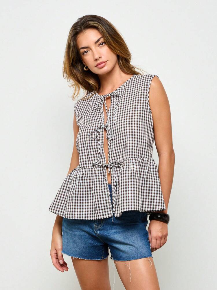 Gingham Double Bow Front Babydoll Blouse