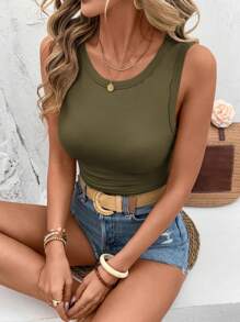 SHEIN LUNE Áo hai dây cổ tròn thoải mái ôm sát thường ngày dành cho nữ - màu xanh lá - Xem 6