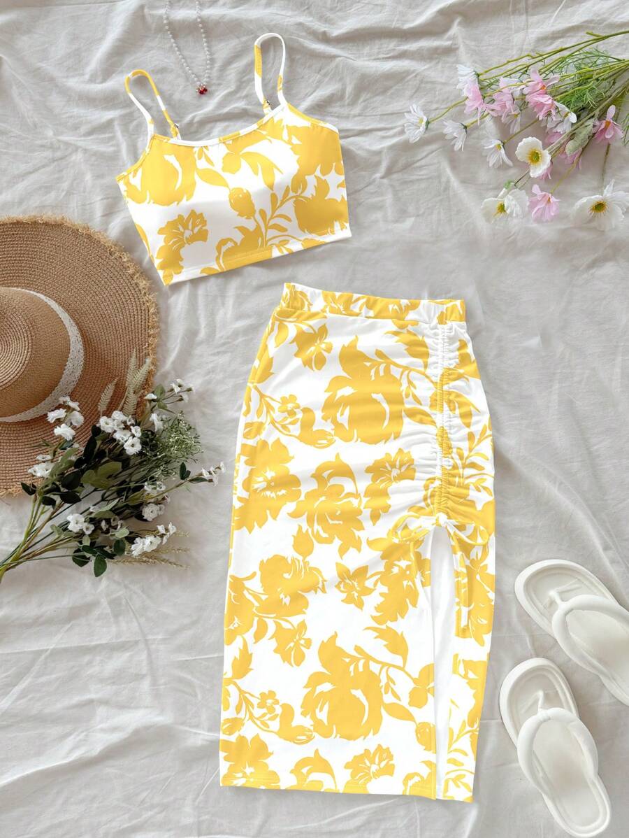 Soleia 2 Stücke Set mit Camisole und Minirock für Damen mit Blumenmuster, lässige Sommer-/Urlaubskleidung