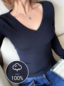 CovetEZ Casual Black Fashionable Casual Daily V-Neck Knitted Women's Tight Long Sleeve Comfortable T-Shirt Top - Black - View 1