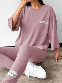 Mulvari Women's Casual Two-Piece Outfit: Knitted Pink Long Sleeve Top And Legging Set With Marvelous Graphic Print - Pink - View 3
