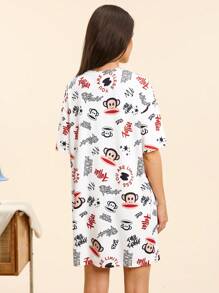 Paul Frank X SHEIN Women Summer Casual Cartoon Letter & Monkey Print Round Neck Short Sleeve Nightgown,Graffiti Sleepwear - White - View 2