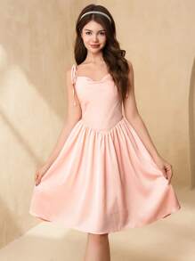 SHEIN Teen Girl Elegant Satin Wedding Flower Girl Dresses, Sleeveless Backless Tulle Ball Gown, Wedding Season, Pink - Baby Pink - View 1