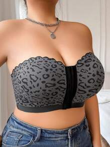 Women Plus Size Seamless Wireless Front-Clasp Padded Cami Bra, Leopard Print Wave Edge, Sexy