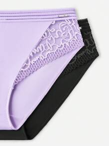 LUVLETTE 女士中腰基础款蕾丝内衣透明拼接黑色内裤 - 黑色 - 查看 12