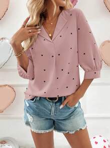 SHEIN LUNE Áo cánh lật cổ chữ V cho nữ tay lỡ in hình trái tim giản dị, lãng mạn, thanh lịch - Hồng - Xem 5